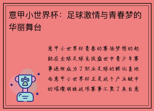 意甲小世界杯：足球激情与青春梦的华丽舞台