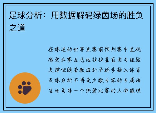 足球分析：用数据解码绿茵场的胜负之道