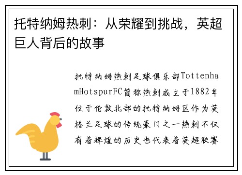 托特纳姆热刺：从荣耀到挑战，英超巨人背后的故事